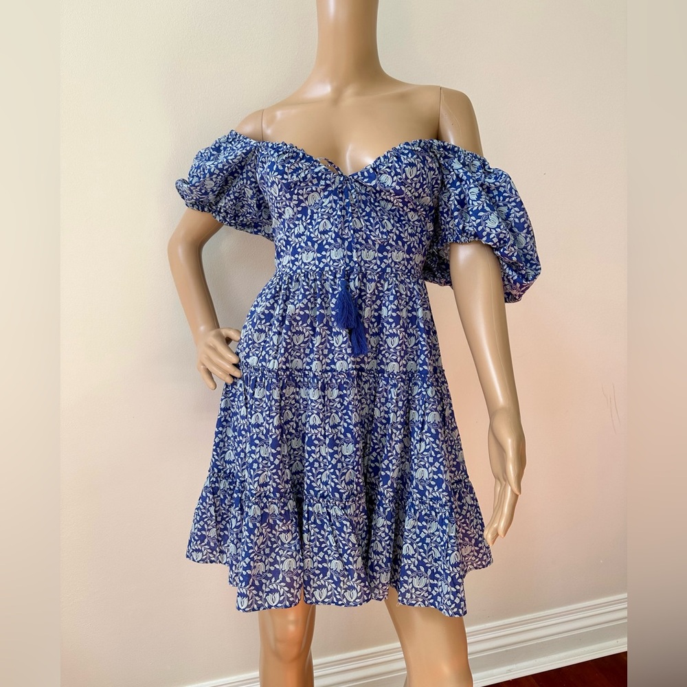 Zara Woman's Floral Print Balloon Puff Sleeve Mini Dress Sz M Blue